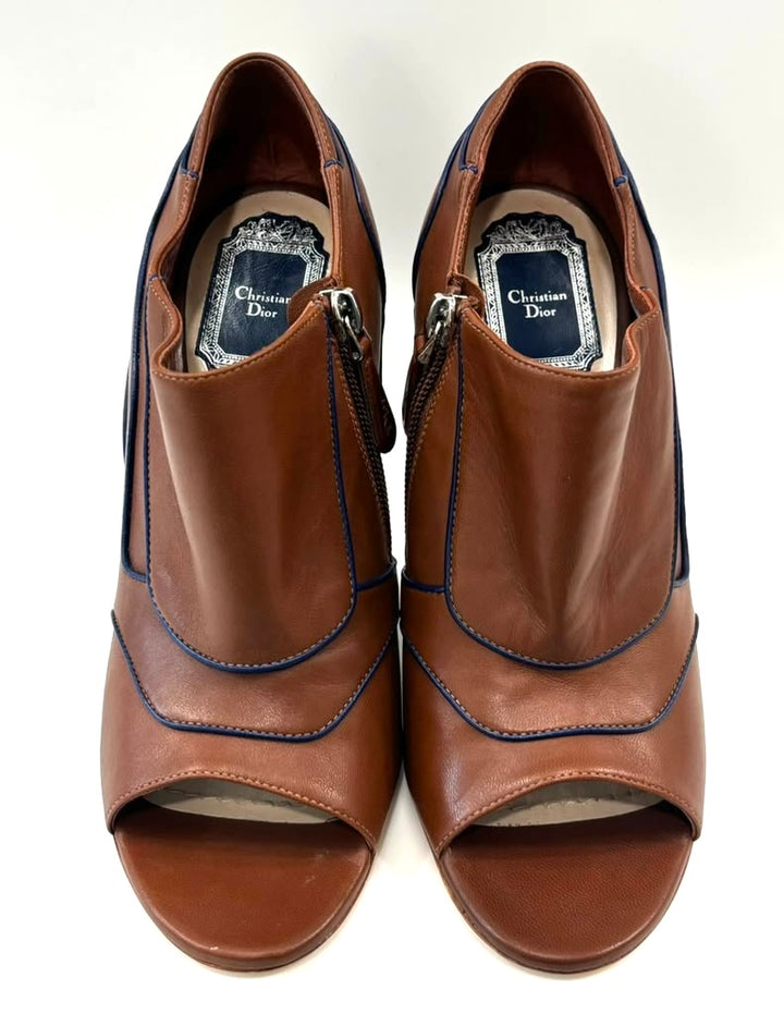 CHRISTIAN DIOR CALFSKIN LEATHER PEEP-TOE ANKLE BOOTIES