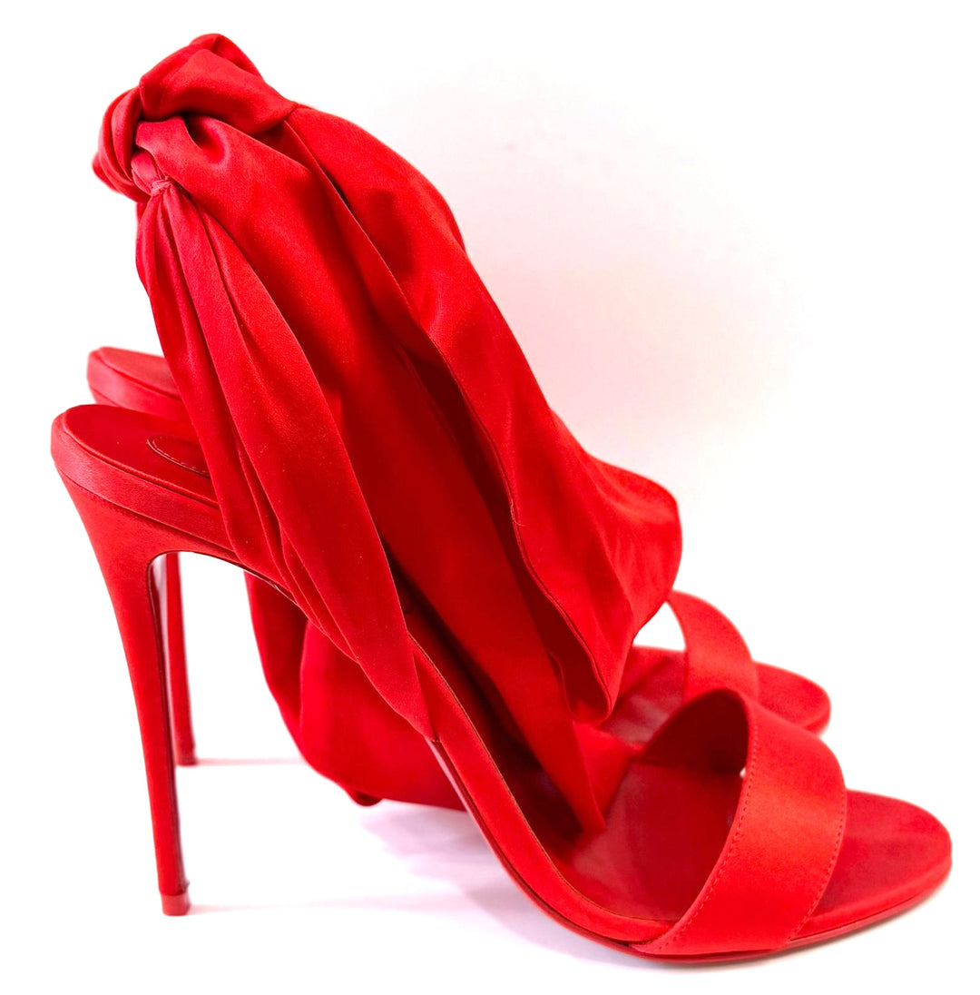 LOUBOUTIN DU DÉSERT 100 CREPE SATIN SILK TIE BOW STILETTO SANDALS