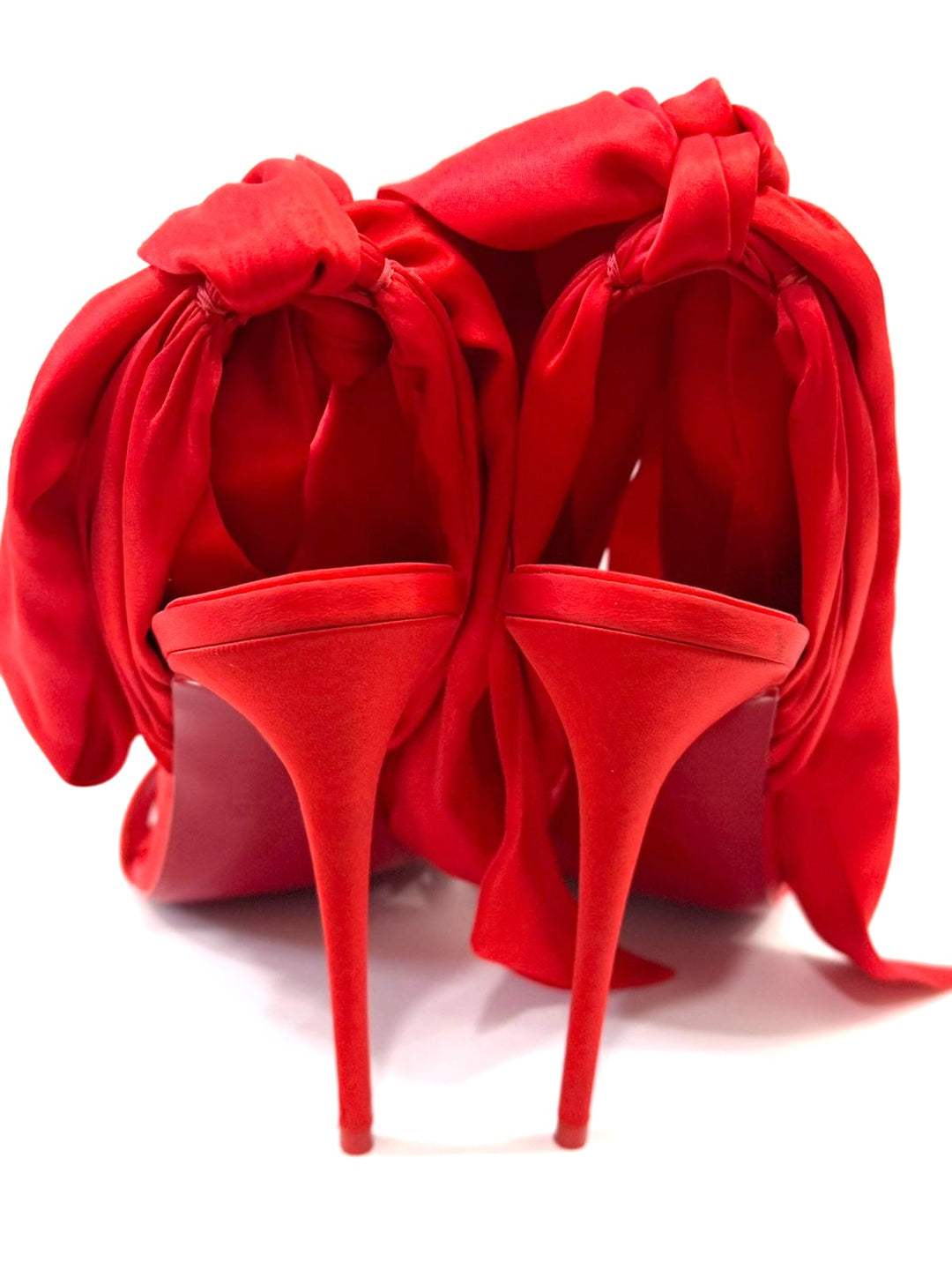 LOUBOUTIN DU DÉSERT 100 CREPE SATIN SILK TIE BOW STILETTO SANDALS