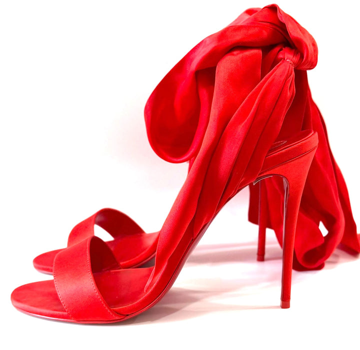 LOUBOUTIN DU DÉSERT 100 CREPE SATIN SILK TIE BOW STILETTO SANDALS