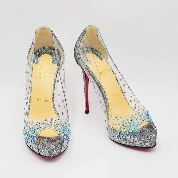 CHRISTIAN LOUBOUTIN DEGRASTRASS CINDERELLA PVC 100 PEEP TOE PUMPS