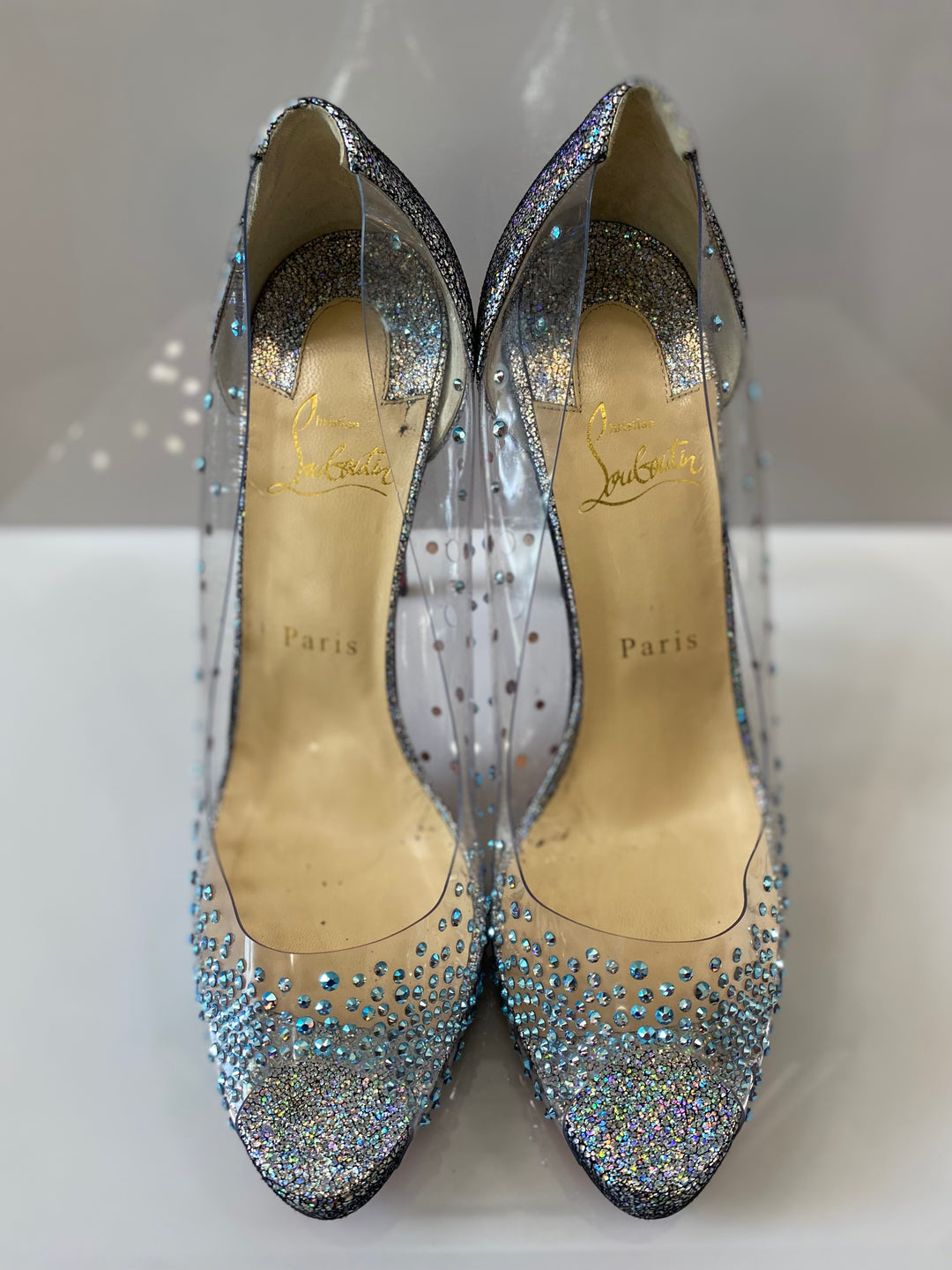 CHRISTIAN LOUBOUTIN DEGRASTRASS CINDERELLA PVC 100 PEEP TOE PUMPS