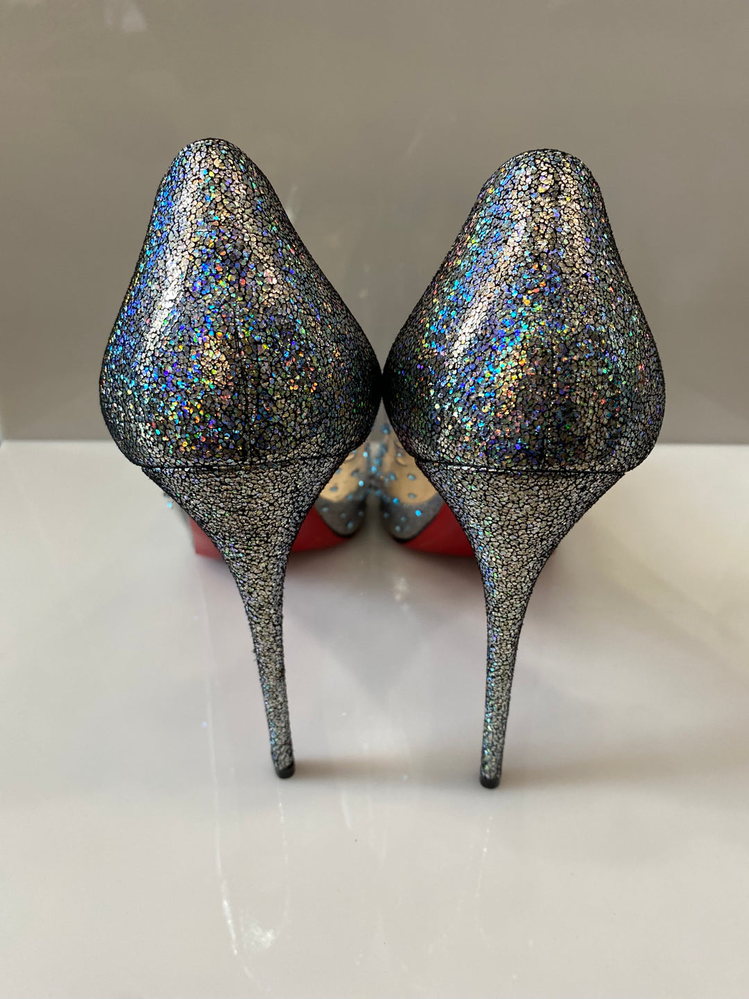 CHRISTIAN LOUBOUTIN DEGRASTRASS CINDERELLA PVC 100 PEEP TOE PUMPS