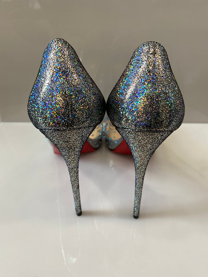 CHRISTIAN LOUBOUTIN DEGRASTRASS CINDERELLA PVC 100 PEEP TOE PUMPS