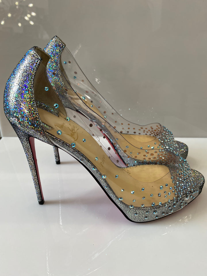 CHRISTIAN LOUBOUTIN DEGRASTRASS CINDERELLA PVC 100 PEEP TOE PUMPS