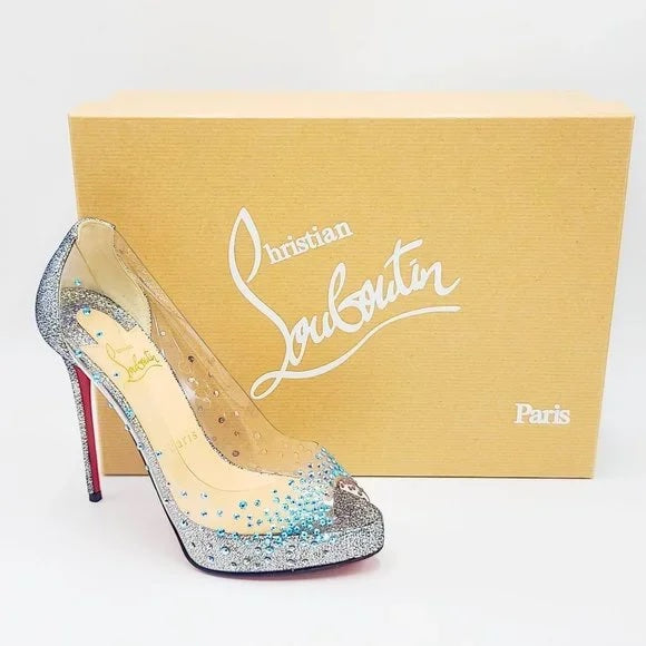 CHRISTIAN LOUBOUTIN DEGRASTRASS CINDERELLA PVC 100 PEEP TOE PUMPS