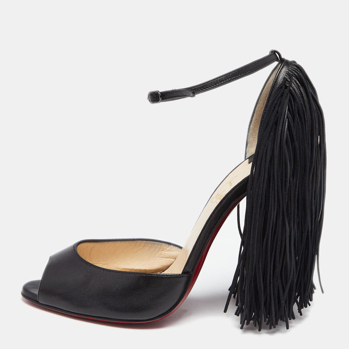 CHRISTIAN LOUBOUTIN LEATHER OTROT FRINGE ANKLE STRAP SANDALS