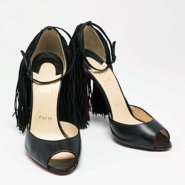 CHRISTIAN LOUBOUTIN LEATHER OTROT FRINGE ANKLE STRAP SANDALS