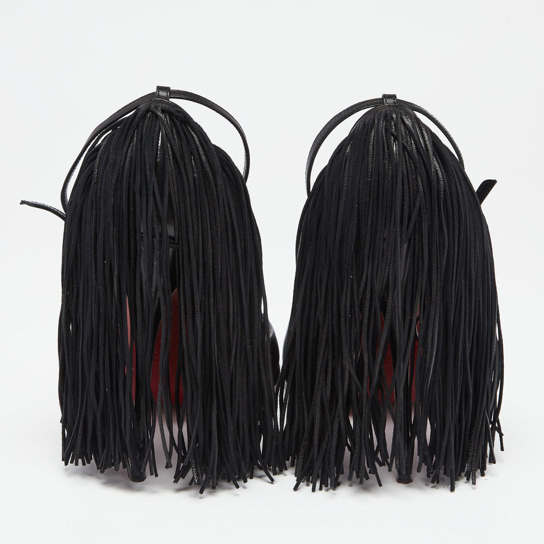 CHRISTIAN LOUBOUTIN LEATHER OTROT FRINGE ANKLE STRAP SANDALS