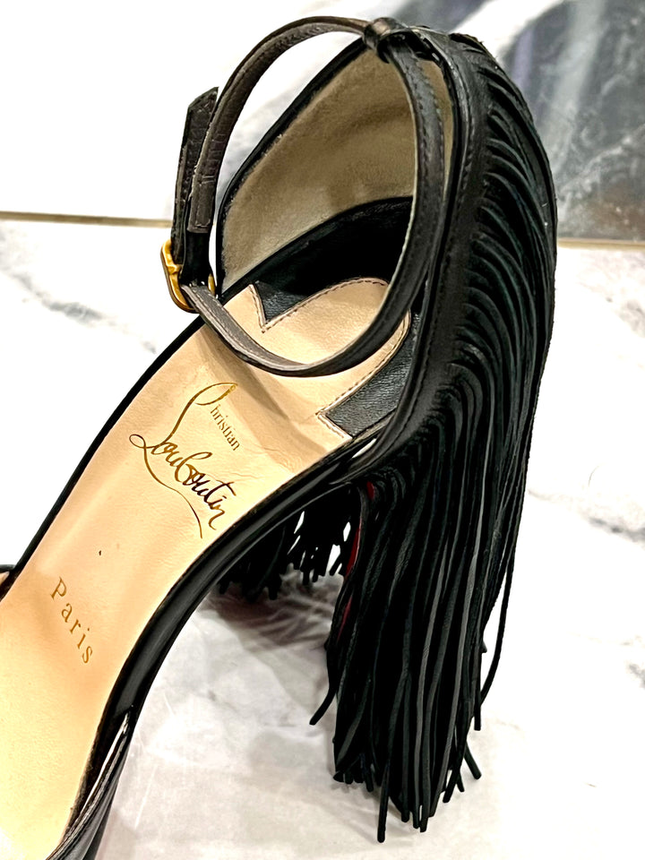 CHRISTIAN LOUBOUTIN LEATHER OTROT FRINGE ANKLE STRAP SANDALS