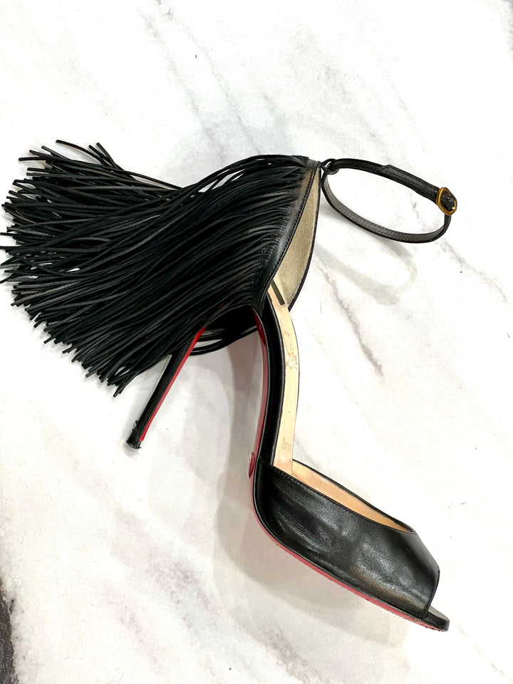 CHRISTIAN LOUBOUTIN LEATHER OTROT FRINGE ANKLE STRAP SANDALS