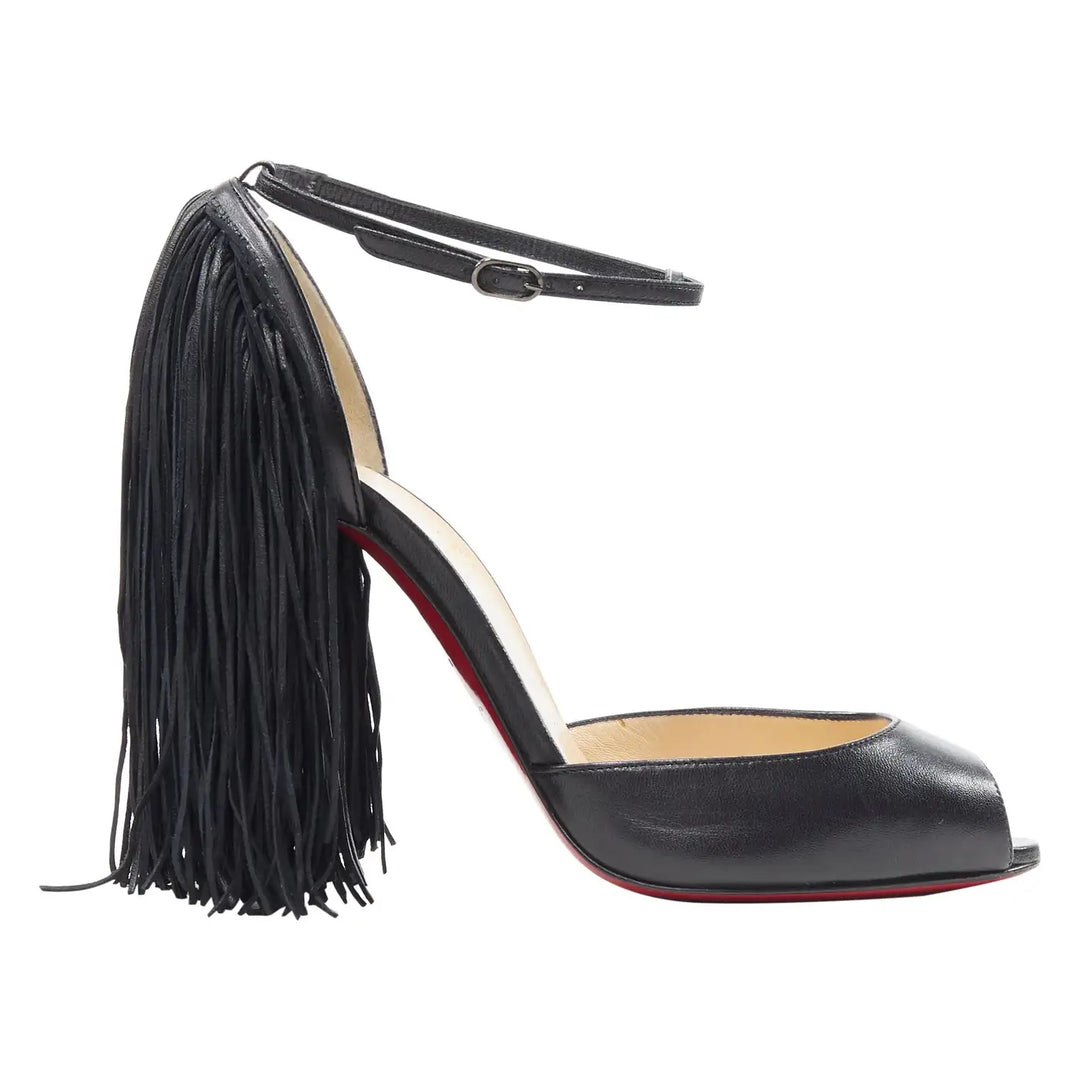CHRISTIAN LOUBOUTIN LEATHER OTROT FRINGE ANKLE STRAP SANDALS