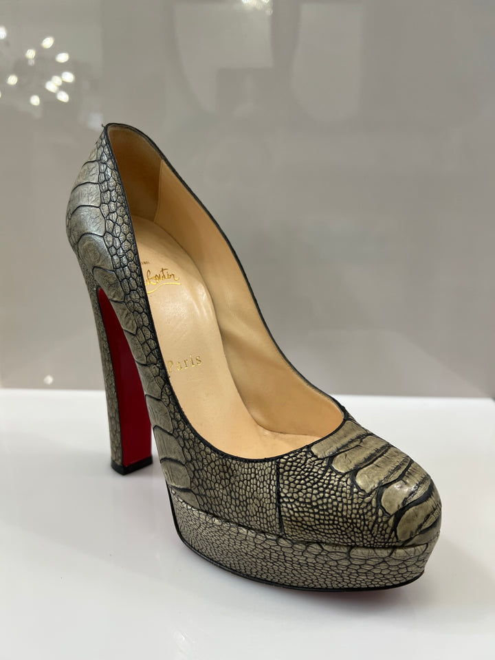 CHRISTIAN LOUBOUTIN OSTRICH LEATHER BIBI PLATFORM PUMPS