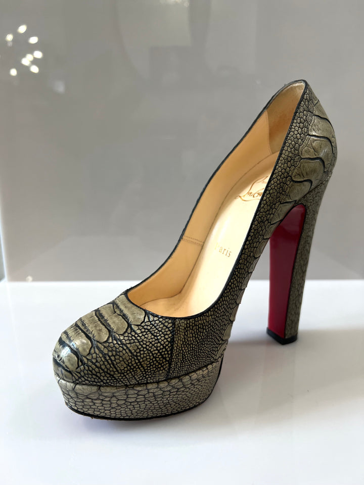 CHRISTIAN LOUBOUTIN OSTRICH LEATHER BIBI PLATFORM PUMPS