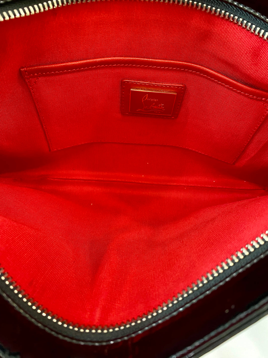 LOUBOUTIN LOUBIPOSH SPIKED PATENT LEATHER CHAIN BAG