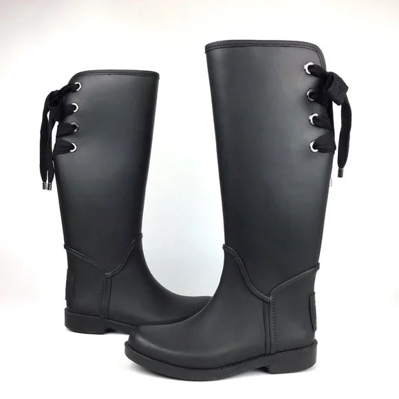 COACH TRISTEE SIGNATURE MATT BLACK WATERPROOF LACE-UP RAIN BOOTS