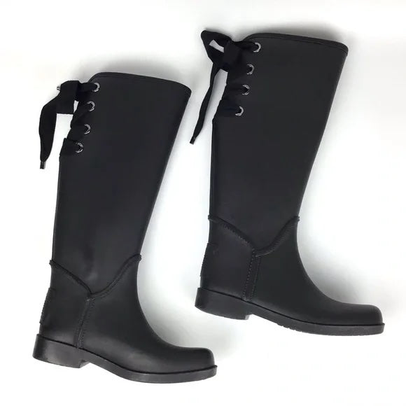 COACH TRISTEE SIGNATURE MATT BLACK WATERPROOF LACE-UP RAIN BOOTS