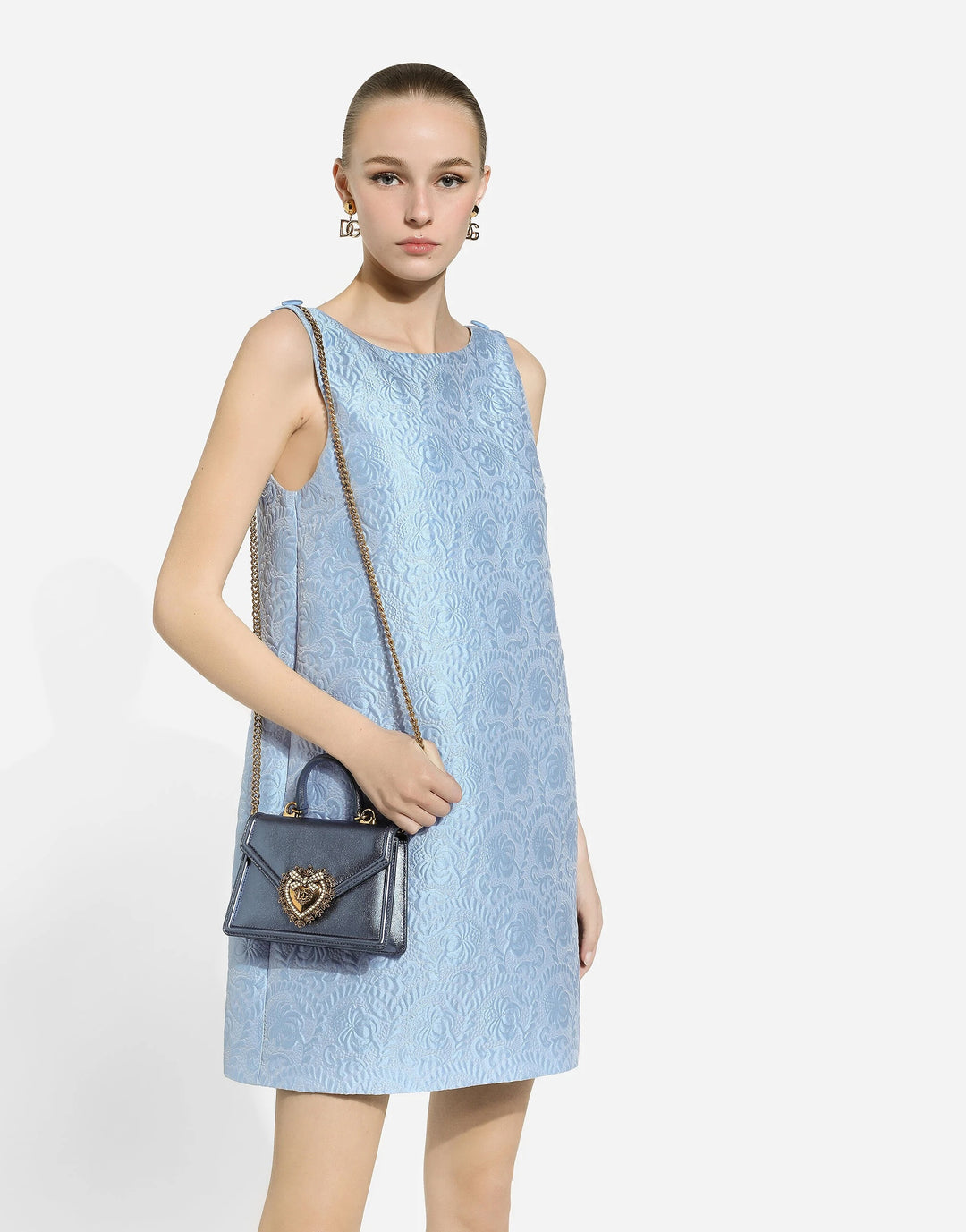 DOLCE &amp; GABBANA LAMINATED CALFSKIN DEVOTION RHINESTONE CHAIN BAG