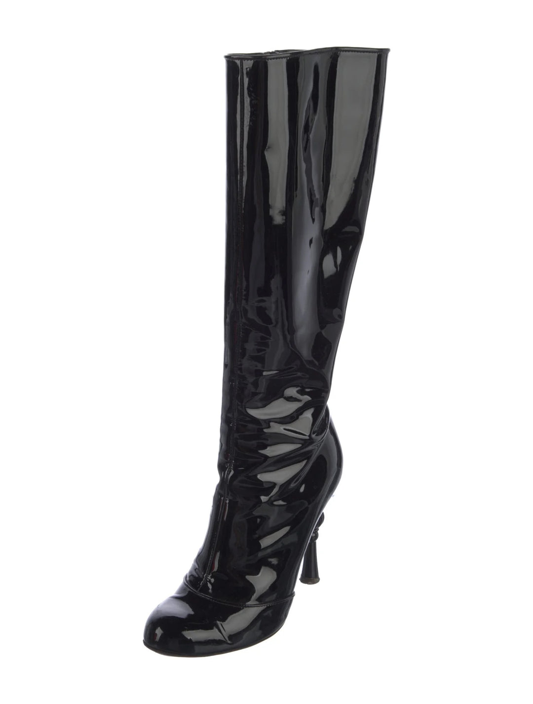 DOLCE &amp; GABBANA PATENT LEATHER BAROQUE HEEL TALL BOOTS