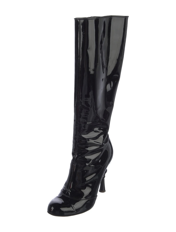 DOLCE &amp; GABBANA PATENT LEATHER BAROQUE HEEL TALL BOOTS