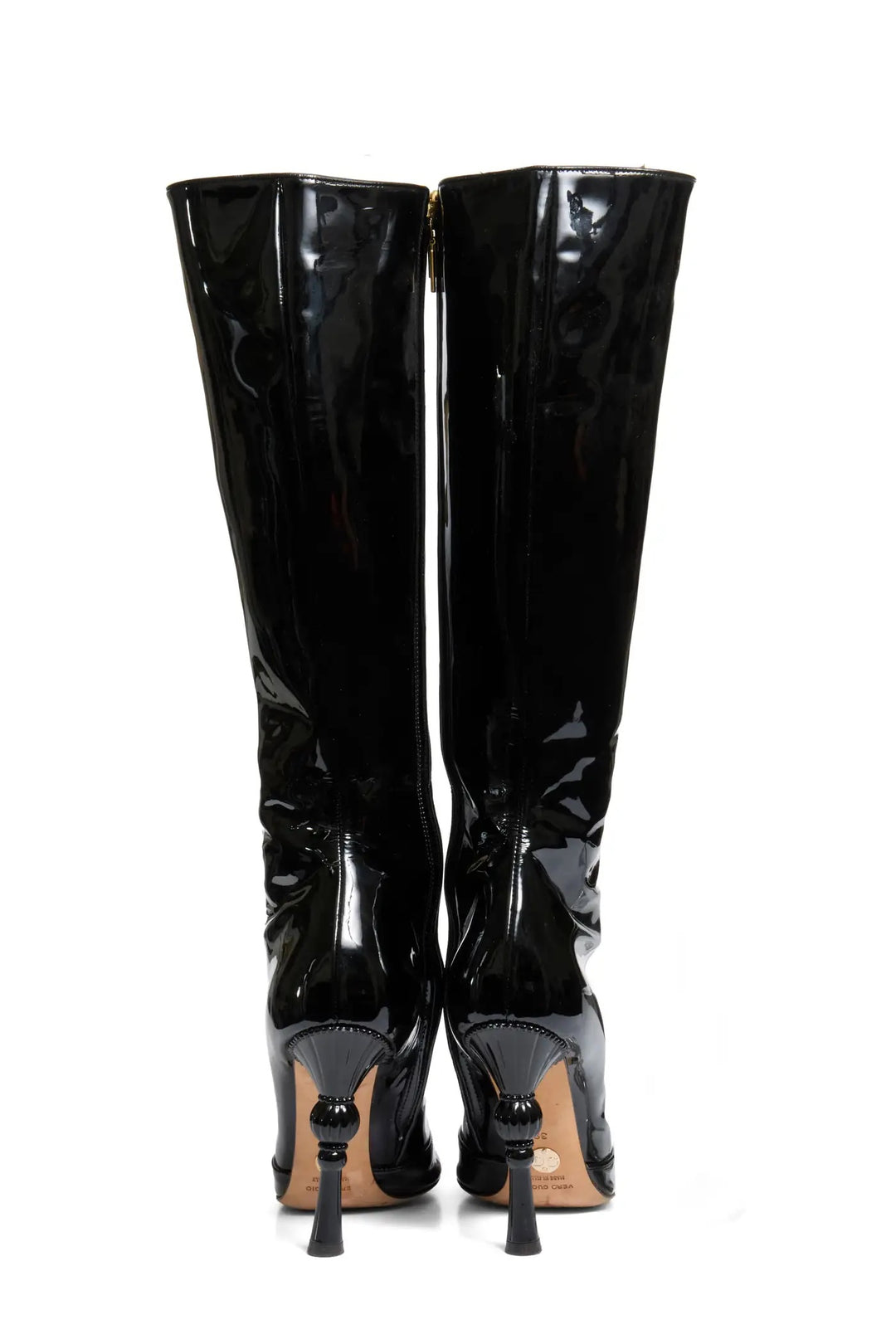 DOLCE &amp; GABBANA PATENT LEATHER BAROQUE HEEL TALL BOOTS