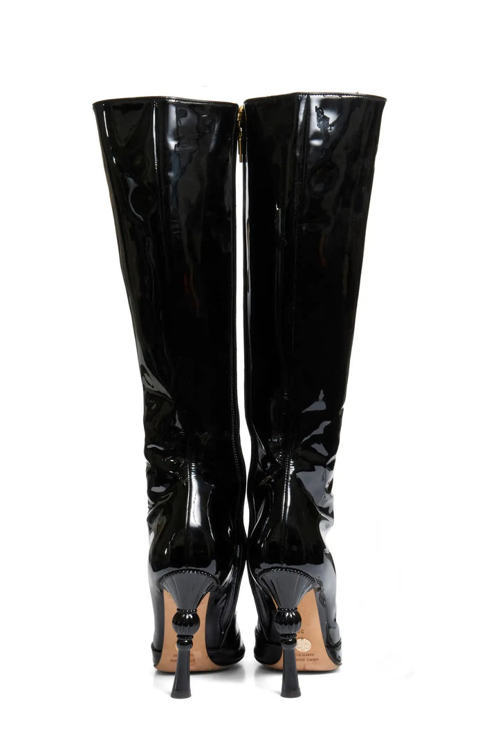 DOLCE &amp; GABBANA PATENT LEATHER BAROQUE HEEL TALL BOOTS