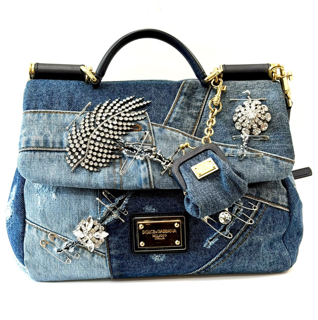 DOLCE &amp; GABBANA SICILY DENIM CRYSTAL PATCHWORK SHOULDER BAG