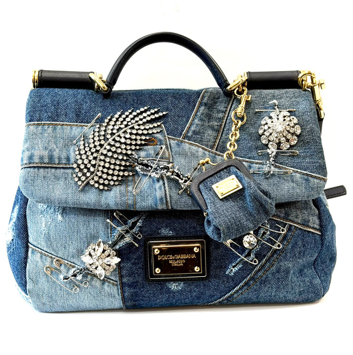 DOLCE &amp; GABBANA SICILY DENIM CRYSTAL PATCHWORK SHOULDER BAG