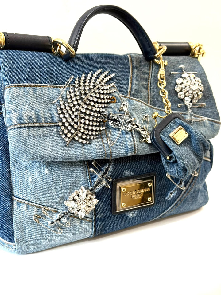 DOLCE &amp; GABBANA SICILY DENIM CRYSTAL PATCHWORK SHOULDER BAG