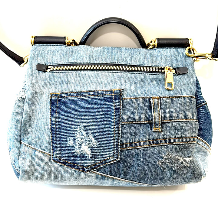 DOLCE &amp; GABBANA SICILY DENIM CRYSTAL PATCHWORK SHOULDER BAG