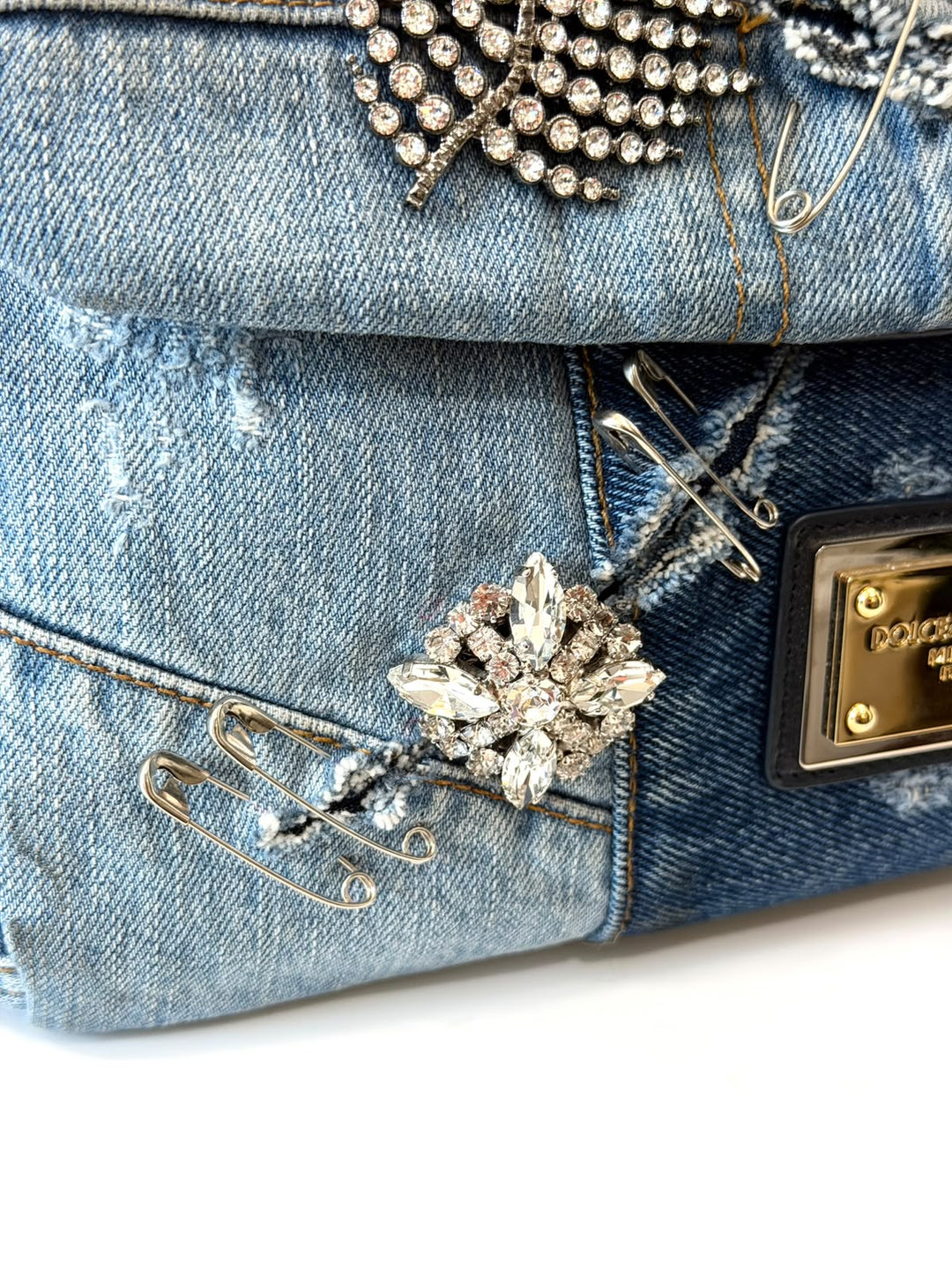 DOLCE &amp; GABBANA SICILY DENIM CRYSTAL PATCHWORK SHOULDER BAG