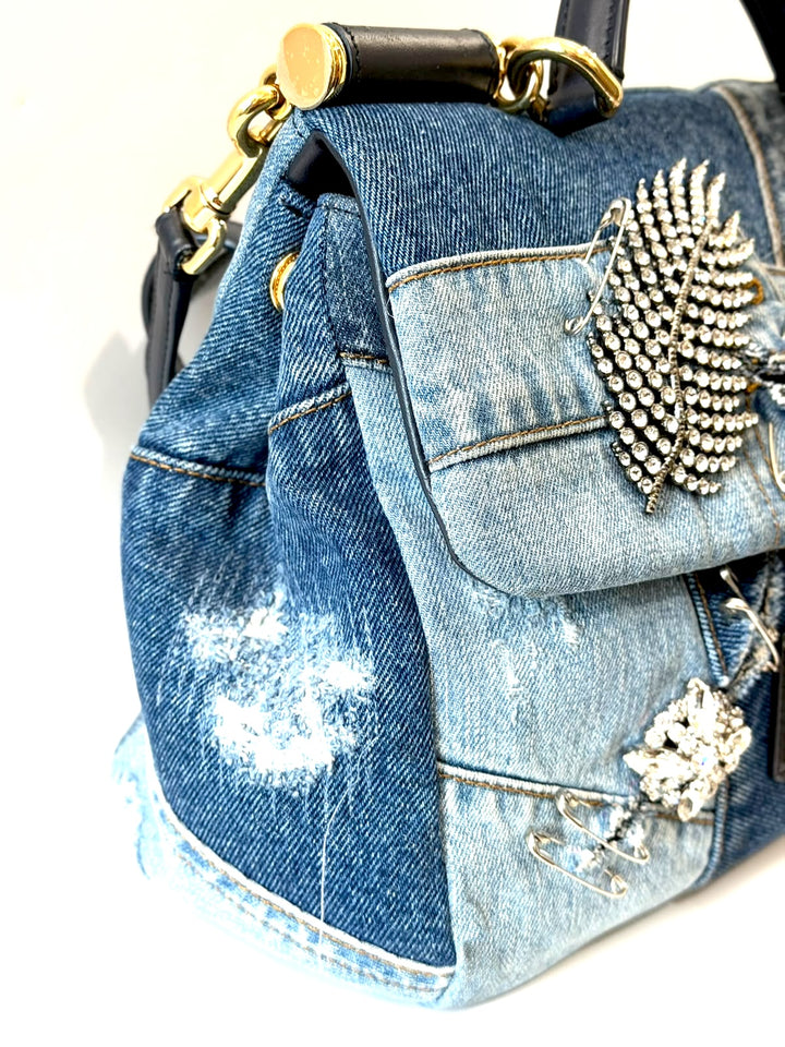 DOLCE &amp; GABBANA SICILY DENIM CRYSTAL PATCHWORK SHOULDER BAG