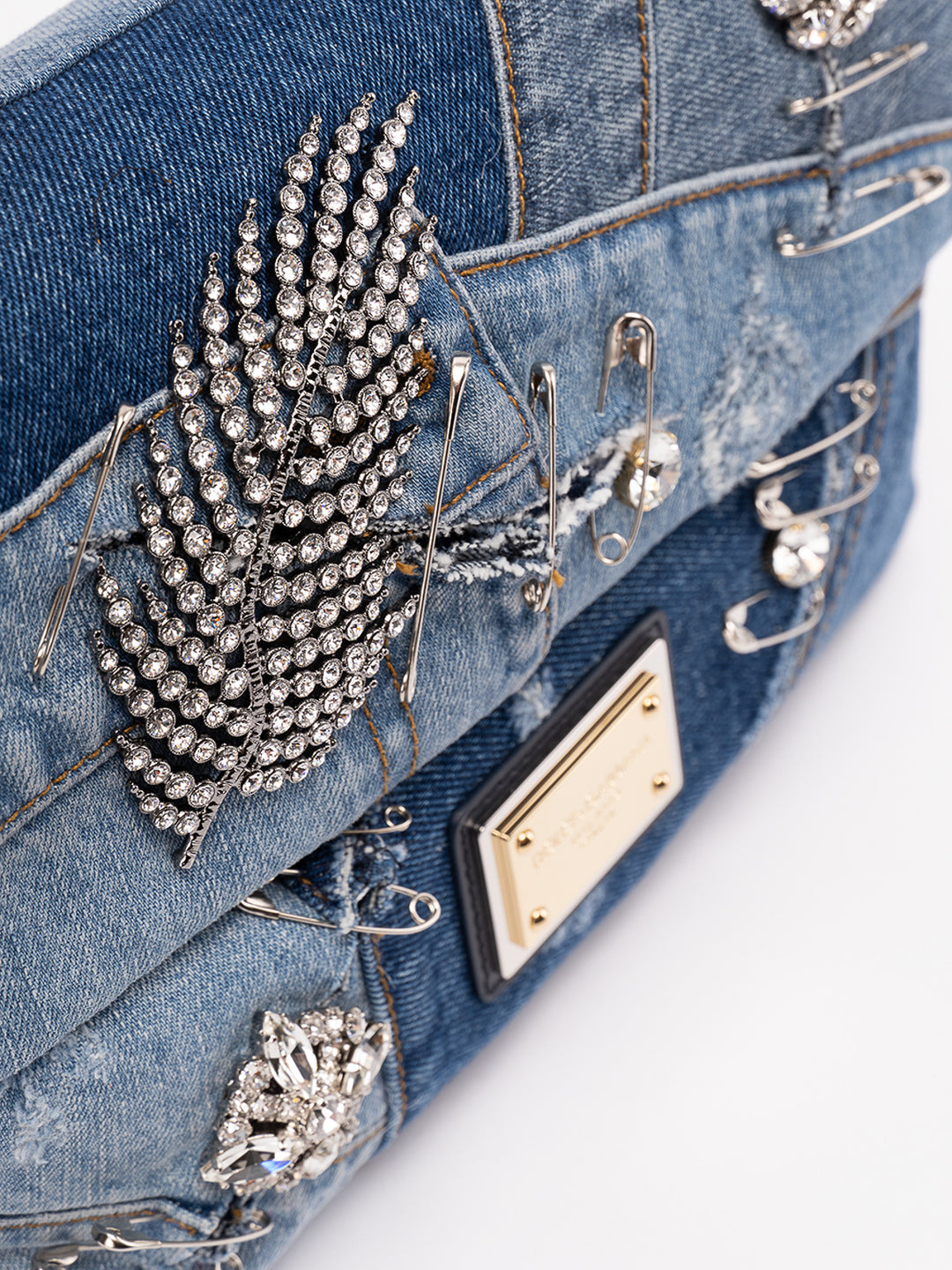 DOLCE &amp; GABBANA SICILY DENIM CRYSTAL PATCHWORK SHOULDER BAG
