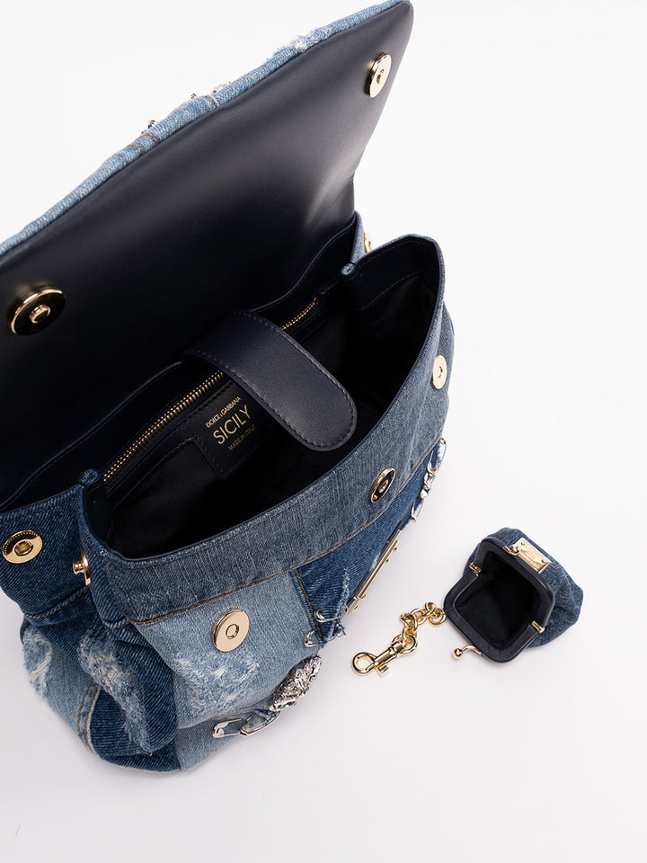 DOLCE &amp; GABBANA SICILY DENIM CRYSTAL PATCHWORK SHOULDER BAG