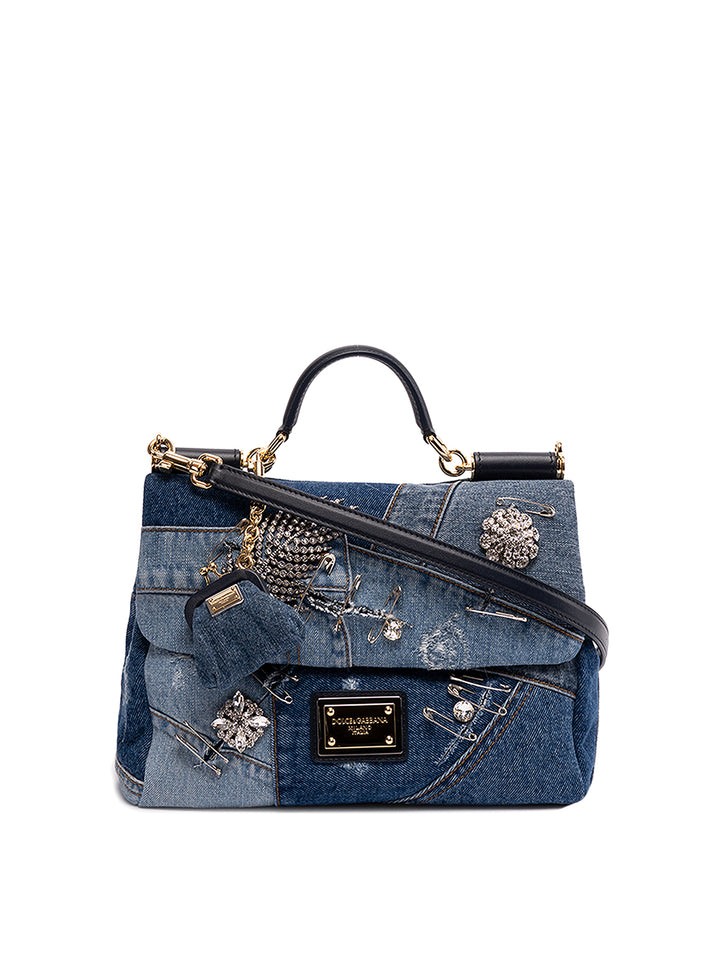 DOLCE &amp; GABBANA SICILY DENIM CRYSTAL PATCHWORK SHOULDER BAG