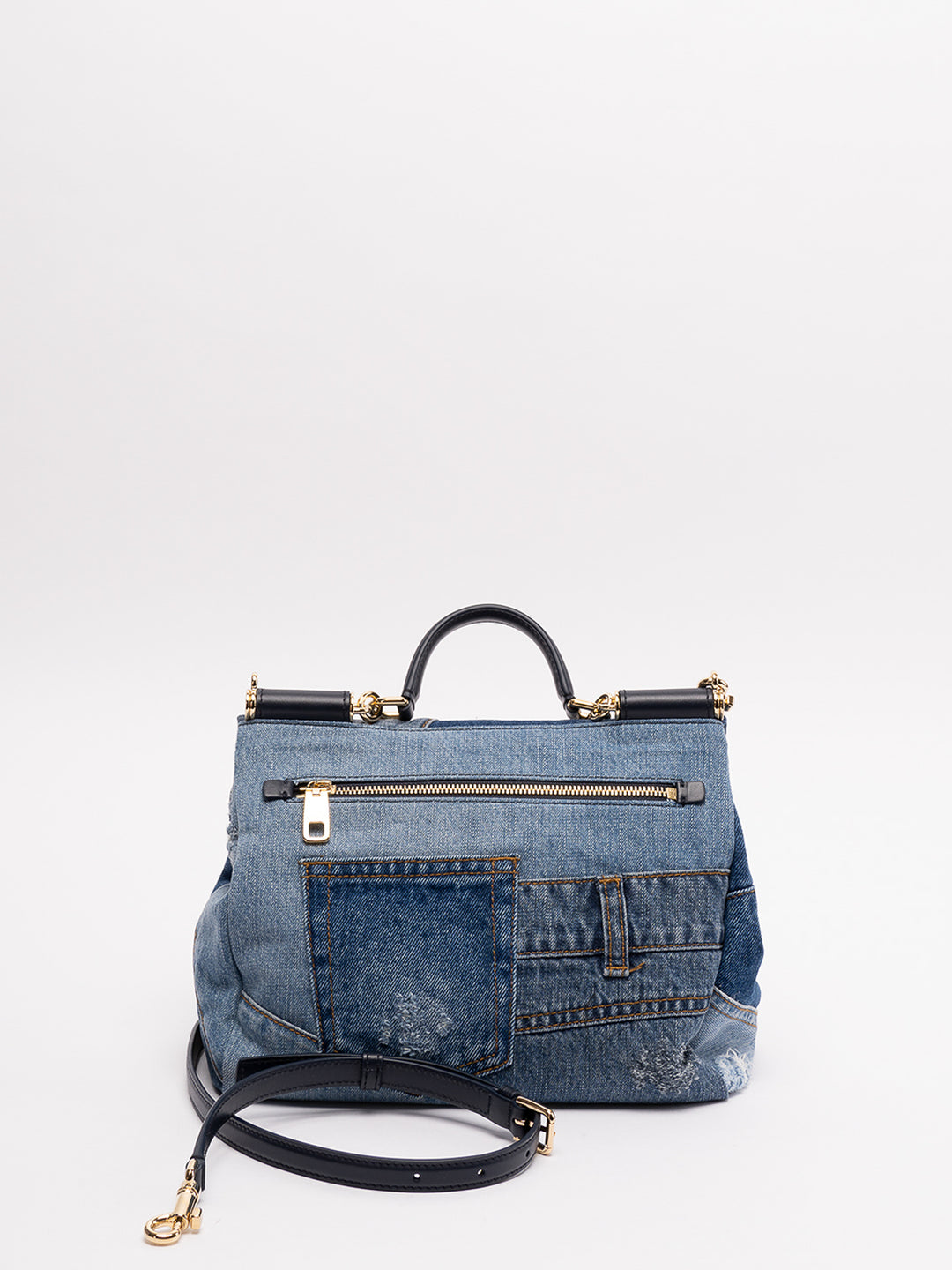 DOLCE &amp; GABBANA SICILY DENIM CRYSTAL PATCHWORK SHOULDER BAG