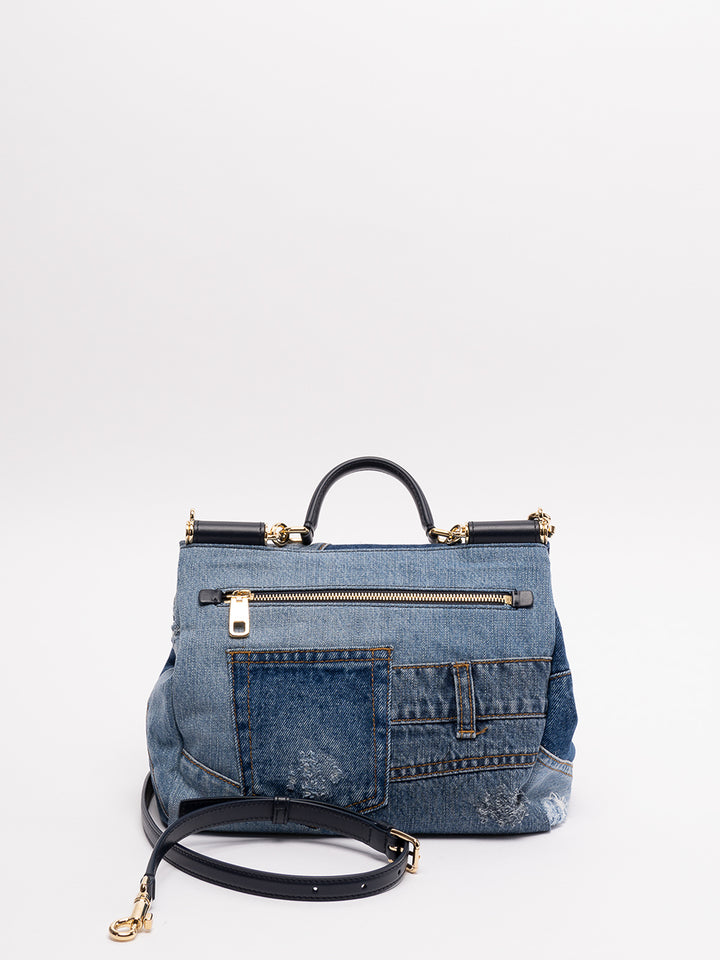 DOLCE &amp; GABBANA SICILY DENIM CRYSTAL PATCHWORK SHOULDER BAG