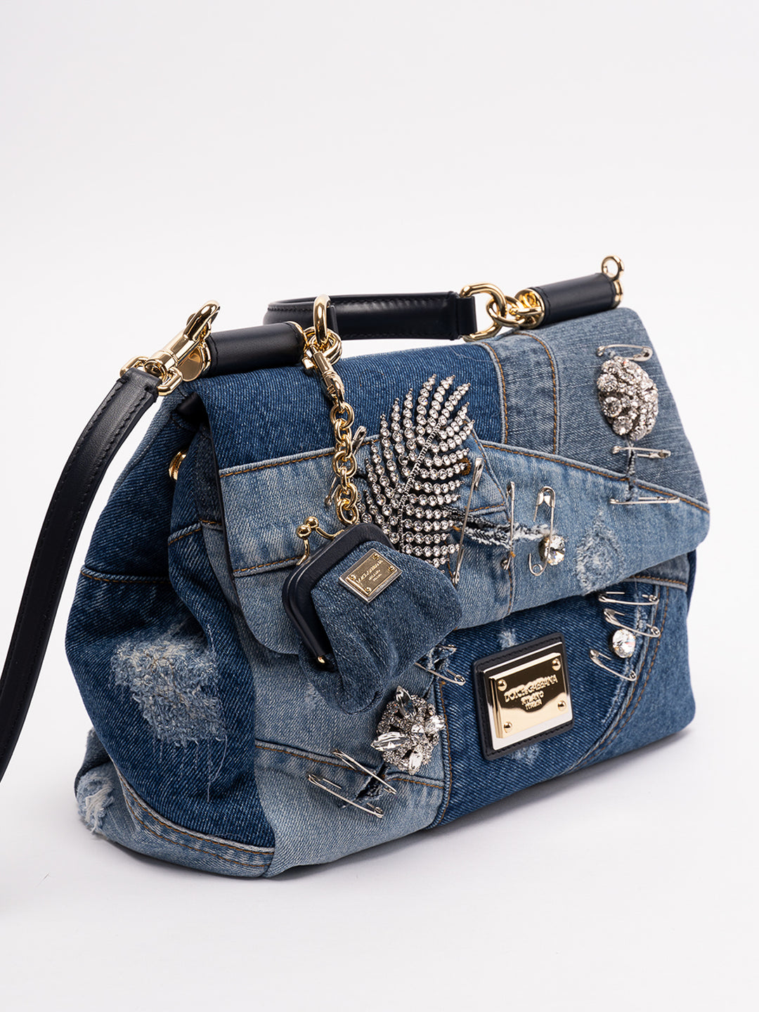 DOLCE &amp; GABBANA SICILY DENIM CRYSTAL PATCHWORK SHOULDER BAG