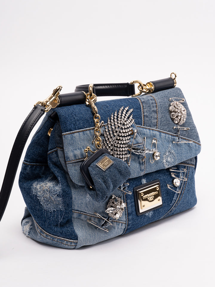 DOLCE &amp; GABBANA SICILY DENIM CRYSTAL PATCHWORK SHOULDER BAG