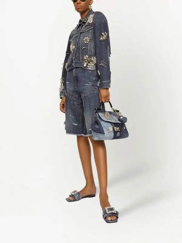 DOLCE &amp; GABBANA SICILY DENIM CRYSTAL PATCHWORK SHOULDER BAG