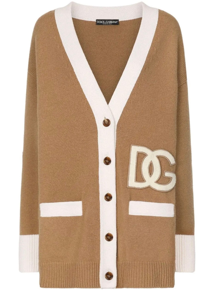 DOLCE &amp; GABBANA OVERSIZED LOGO APPLIQUÉ VIRGIN WOOL CARDIGAN