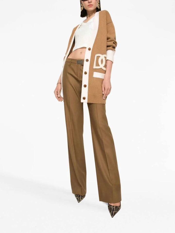 DOLCE &amp; GABBANA OVERSIZED LOGO APPLIQUÉ VIRGIN WOOL CARDIGAN