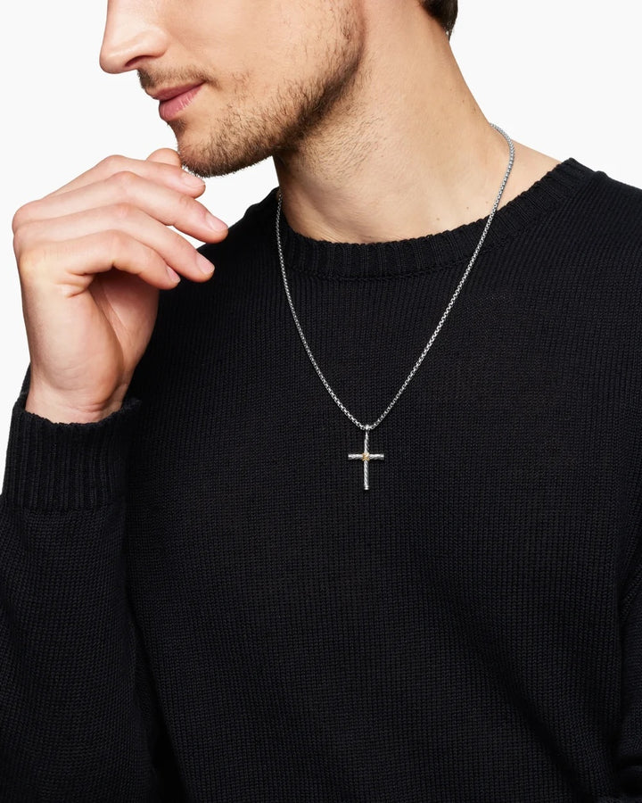 D.Y CABLE CROSS PENDANT STERLING SILVER &amp; 18K GOLD BOX CHAIN NECKLACE