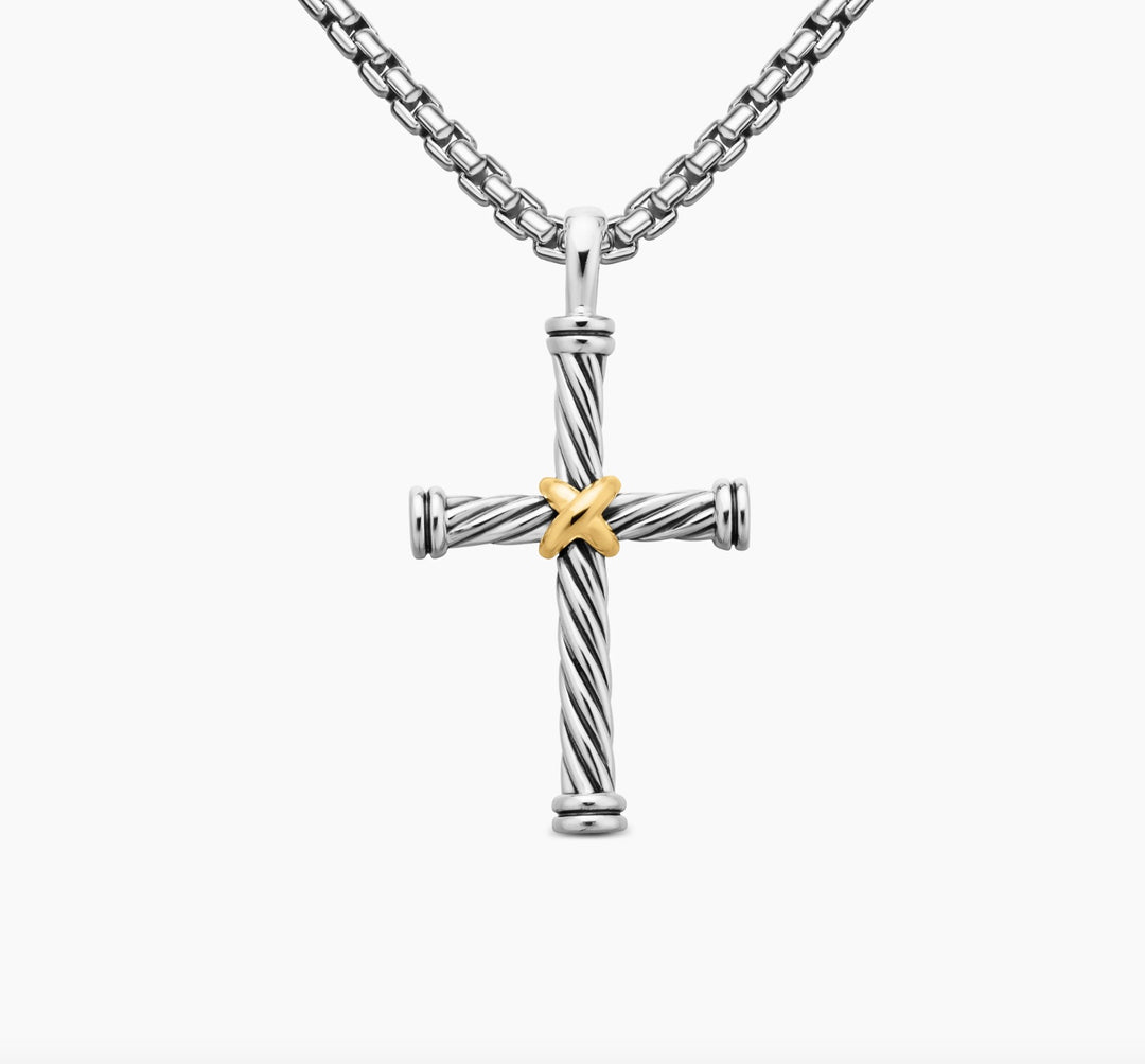 D.Y CABLE CROSS PENDANT STERLING SILVER &amp; 18K GOLD BOX CHAIN NECKLACE