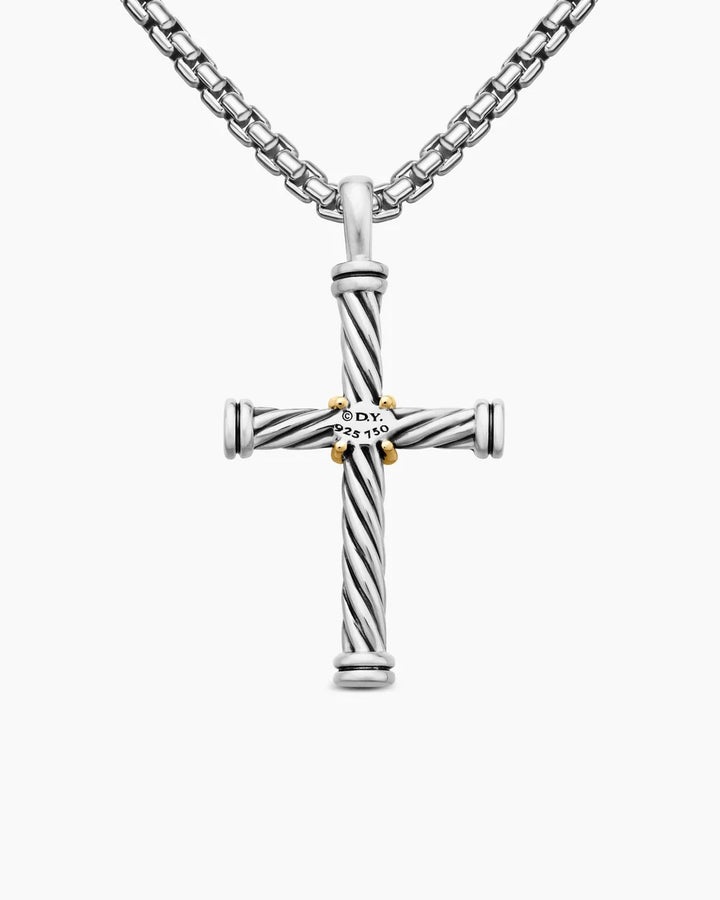 D.Y CABLE CROSS PENDANT STERLING SILVER &amp; 18K GOLD BOX CHAIN NECKLACE