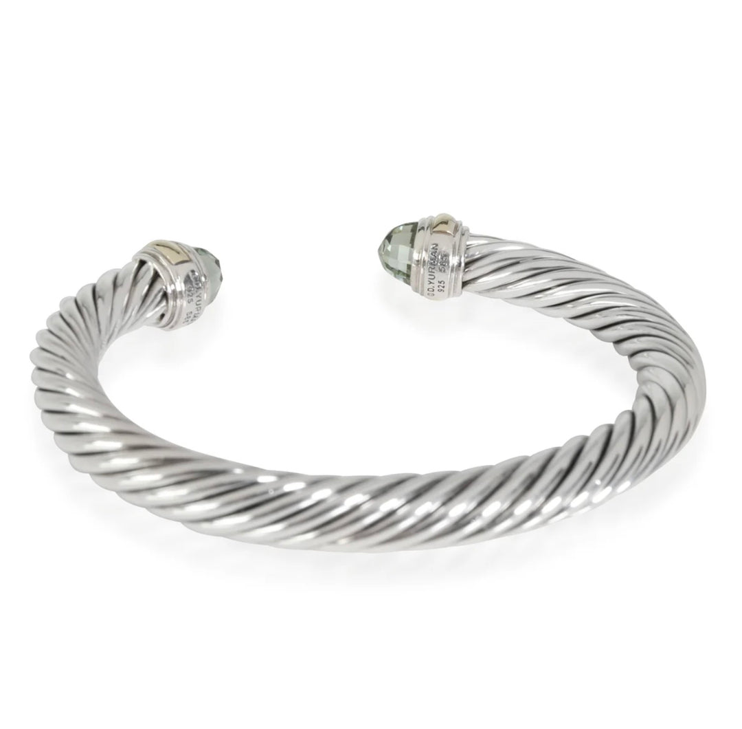 D.Y STERLING SILVER &amp; 14K GOLD PRASIOLITE CLASSIC CABLE BRACELET