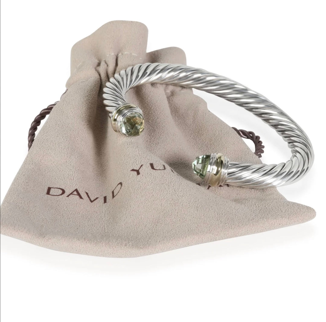 D.Y STERLING SILVER &amp; 14K GOLD PRASIOLITE CLASSIC CABLE BRACELET