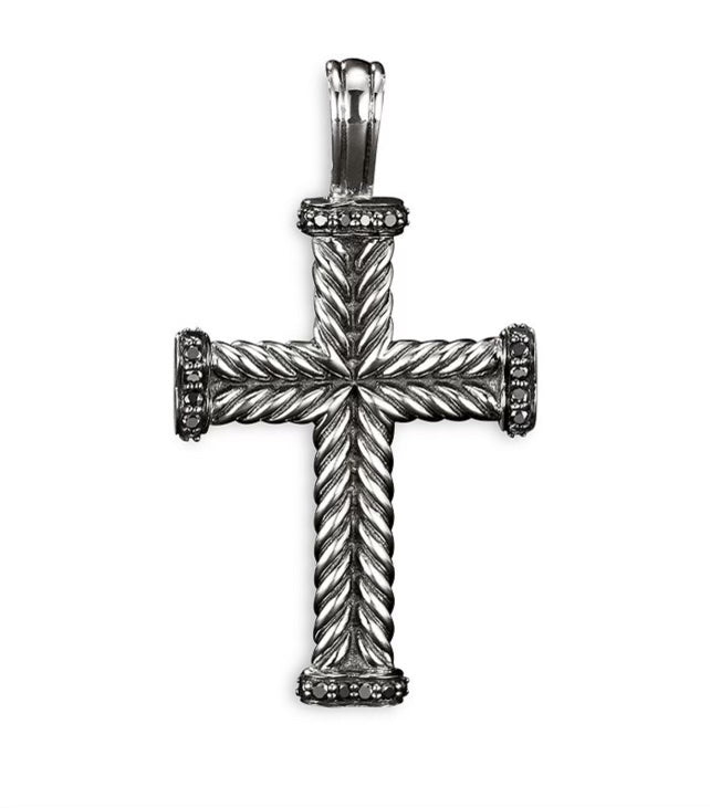 DAVID YURMAN SILVER CHEVRON BLACK DIAMONDS CROSS PENDANT