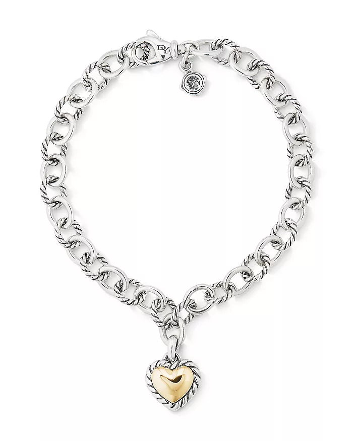 DAVID YURMAN CABLE COOKIE CLASSIC HEART CHARM STERLING SILVER 18K GOLD BRACELET