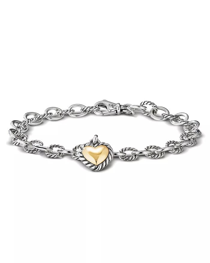 DAVID YURMAN CABLE COOKIE CLASSIC HEART CHARM STERLING SILVER 18K GOLD BRACELET